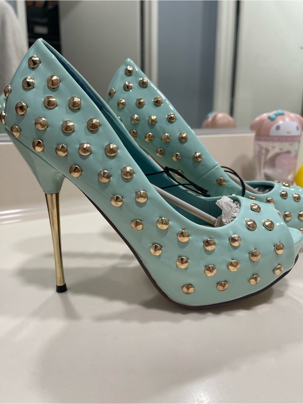 Wet Seal Mint Green Studded Peep-Toe Heels with Gold Stilettos